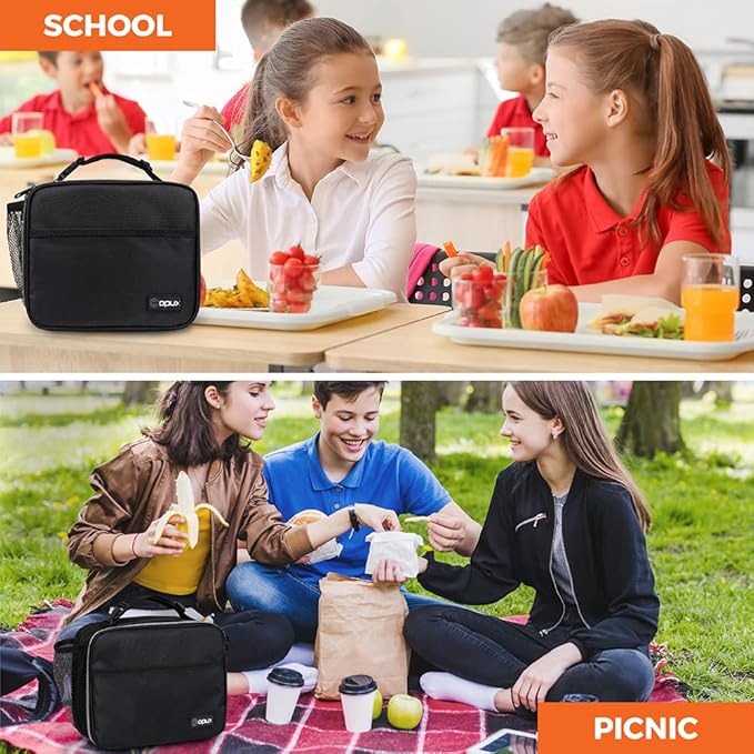 opux Insulated Lunch Bag Kids, Lunch Box for School Boy Girl, Leakproof Small Reusable Compact Soft Mini Cooler Bag, Toddler Small Lunch Boxes Kit Pail with Front Side Pockets (Black)