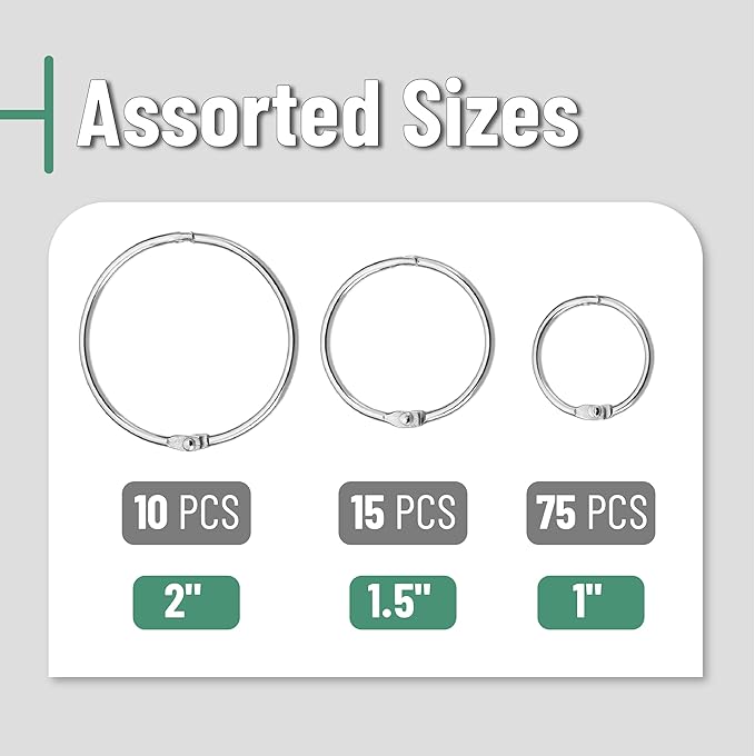 Mr. Pen- Loose Leaf Binder Ring, 100 Pack, 3 Sizes, Loose Leaf Binder Book Rings Bulk, for Books and Index Cards, for School, Home, or Office, Silver