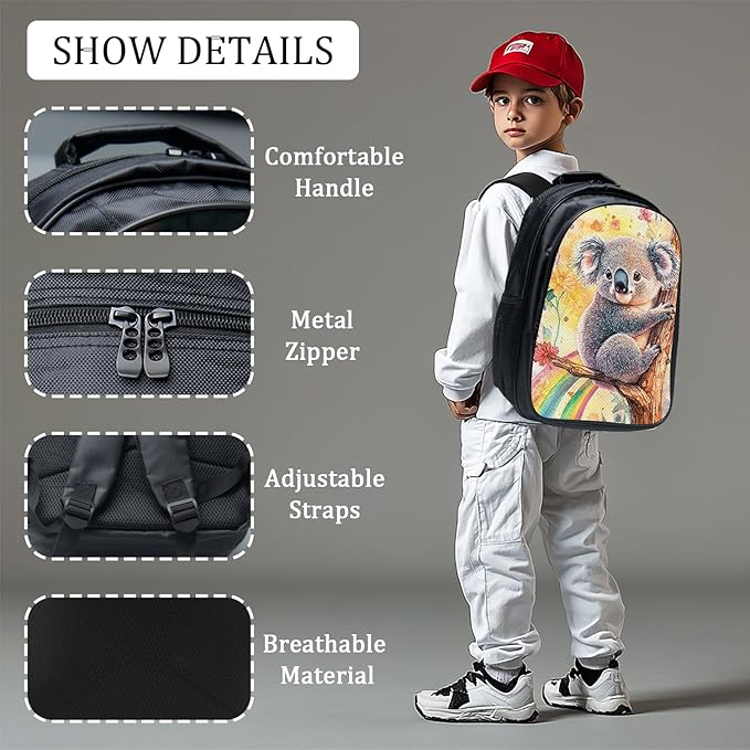 Cute Koala Backpack Set 3 Piece School Bags and Lunch Box with Pencil Case Koala Animal Rainbow Bookbag Set for Toddler Kids Girls Boys Teens Kindergarten Elementary Middle
