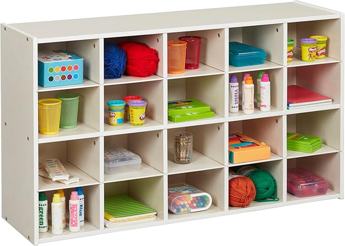ECR4Kids Streamline 20 Cubby Tray Storage Cabinet, 4x5, Classroom Furniture, White Wash