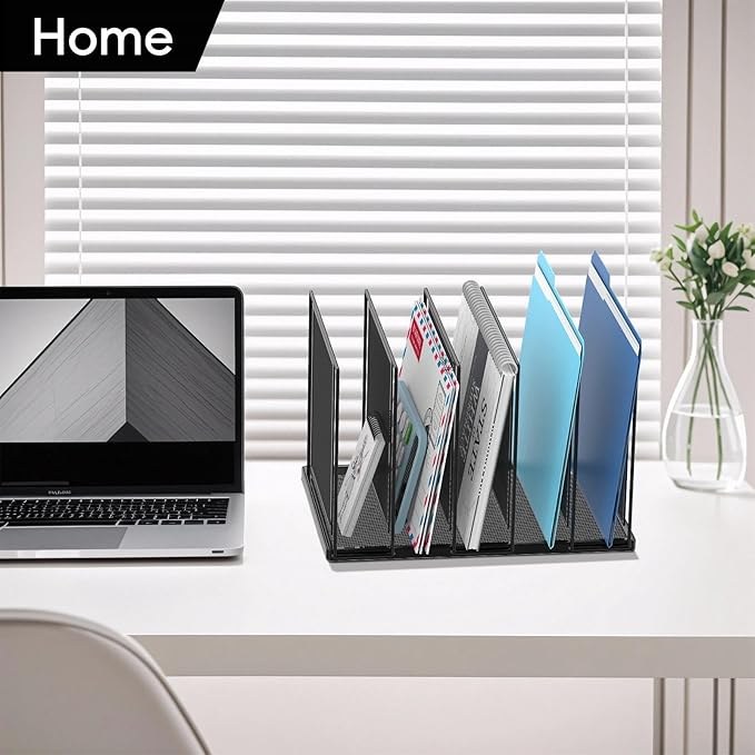 File Organizer for Desk, 5-Section Vertical File Sorter, Paper Holder Organizer Standing Metal File Folder for Office Home Classroom, Black 2 Pack