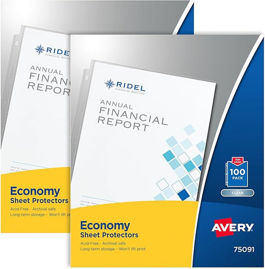 Avery Economy Weight Sheet Protectors, Acid Free, 8.5" x 11", 100 per Pack, 200 Clear Document Protectors Total (2-Pack of 75091)