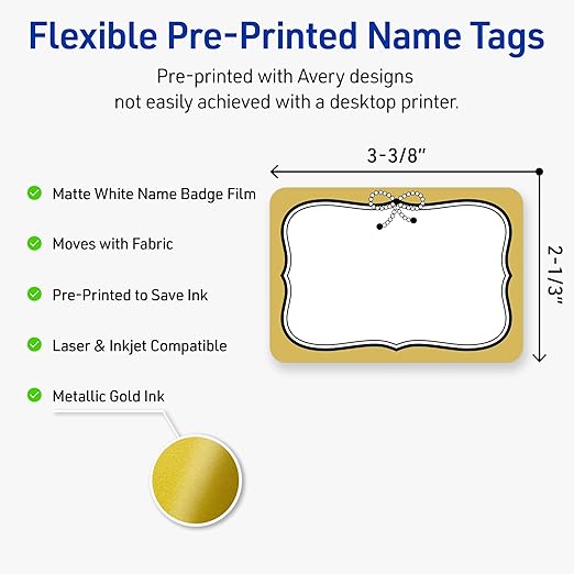 Avery Printable Adhesive Name Badges, 2-1/3" x 3-3/8", Pre-Printed Metallic Gold Border with Black Bow Design, Matte White, Laser & Inkjet Compatible, 80 Total