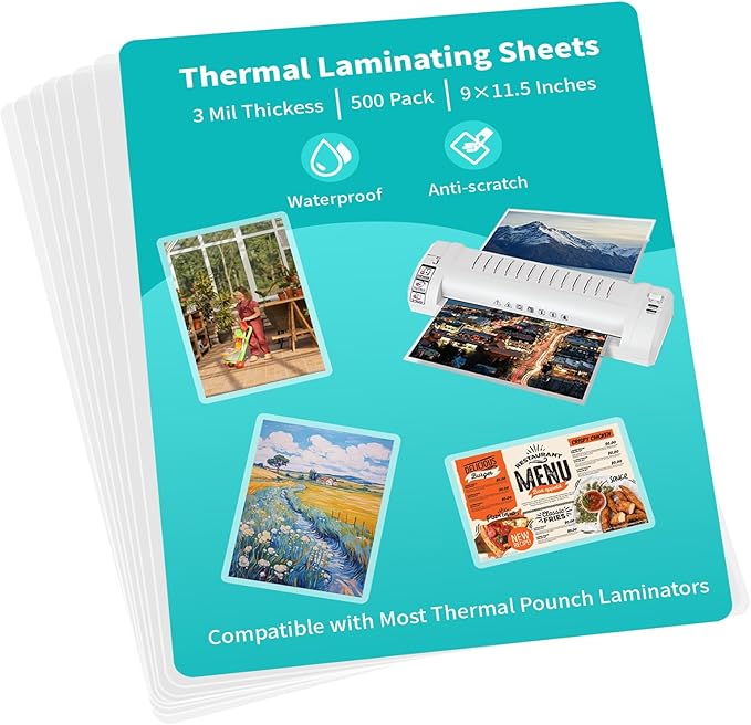 3 Mil Laminating Sheet 500 Pack, Clear 9 x 11.5 Inch Thermal Laminating Pouches for Thermal Laminator, Holds 8.5 x 11 Inch Letter Size Lamination Sheets, Water-Proof Laminating Paper
