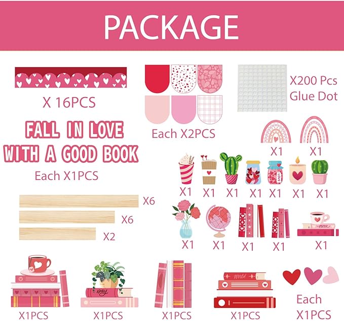 Valentine's Day Reading Bulletin Board Decorations Set, Bookshelf Cutouts with Heart Bulletin Board Borders Valentines Library Classroom Decorations Chalkboard Wall Door Decor for Home Office 70Pcs
