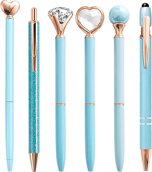 Fancy Pens for Women, 6 Pcs Cute Blue Pens Ballpoint Pen Bulk, 1.0mm Medium Point Black Ink Smooth Writing Pen for Note Taking, Gifts for Nurse Teacher (Blue)