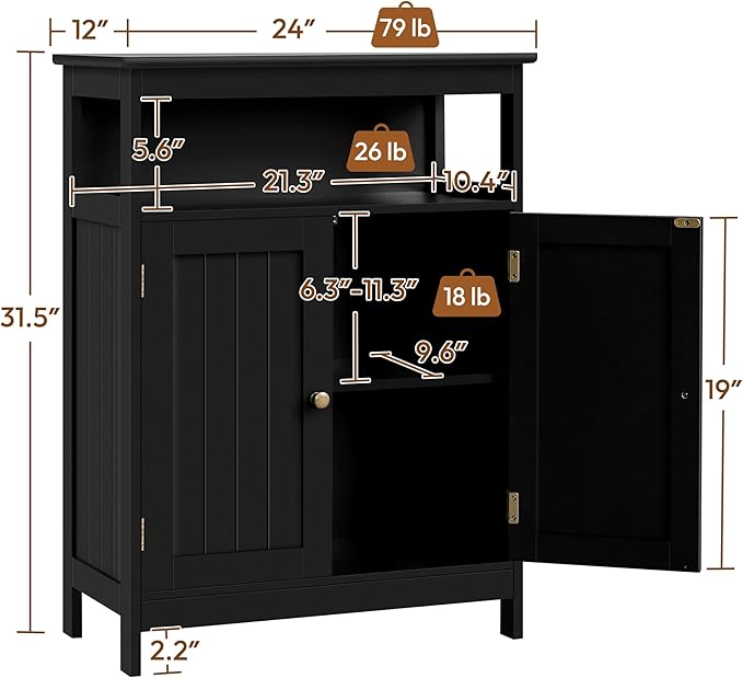 Yaheetech Bathroom Storage Cabinet, Wooden Free Standing Storage Organizer with 2 Doors & 1 Open Compartment, Adjustable Shelf,Floor Cabinet for Bathroom, Living Room, Hallway, Black