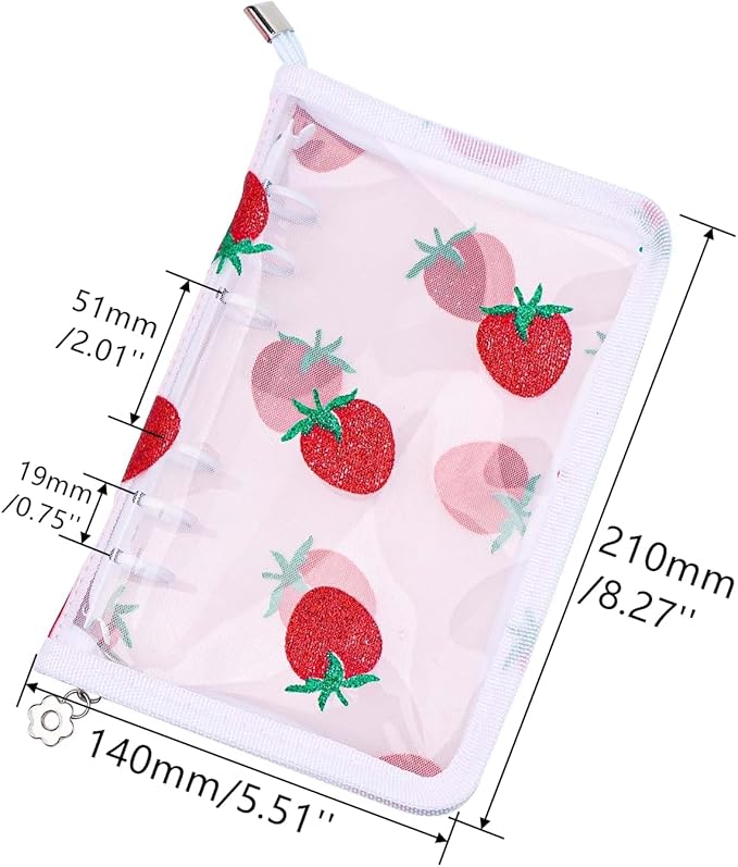 AxeWoodz White A6 Zipper Binder Clear Refillable Notebook Shell Cute Strawberry Lace Cover 6 Ring PVC Binder Cover for Photocard Planner Journal Photo Album