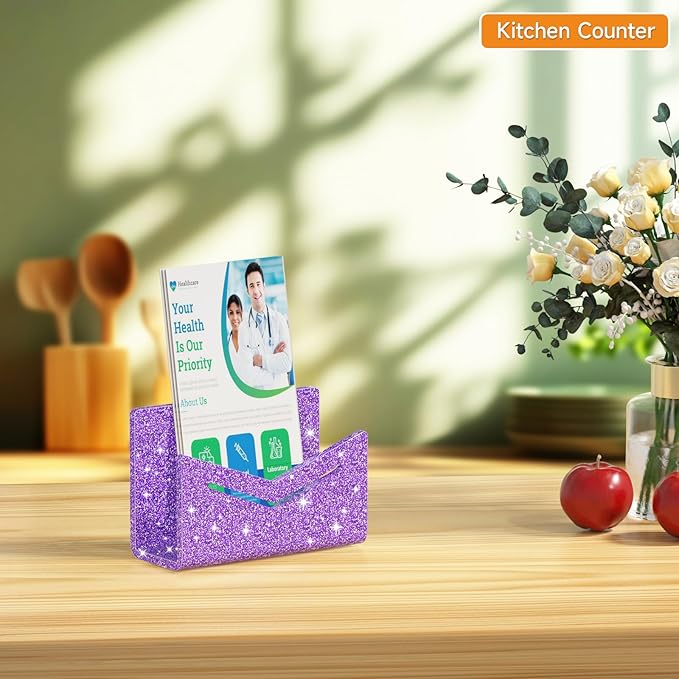 Beego Envelope and Mail Organizer Countertop - Glitter Purple Acrylic Desk Organizer Letter Holder Desktop File Sorter Bill Document Folder Rack for Office, Home, School Desk Organization