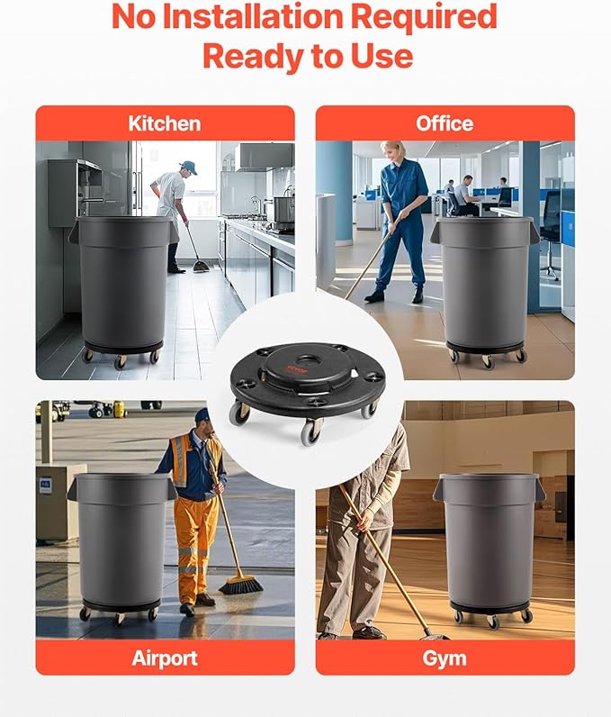 VEVOR Trash Can Dolly, Fit 20, 32, 44, 55 Gallon Containers, 2 Packs Round Trash Can Roller Base with 4 Swivel Wheels, 500lbs Heavy Duty Barrel Dolly, Multi-Functional Rolling Cart