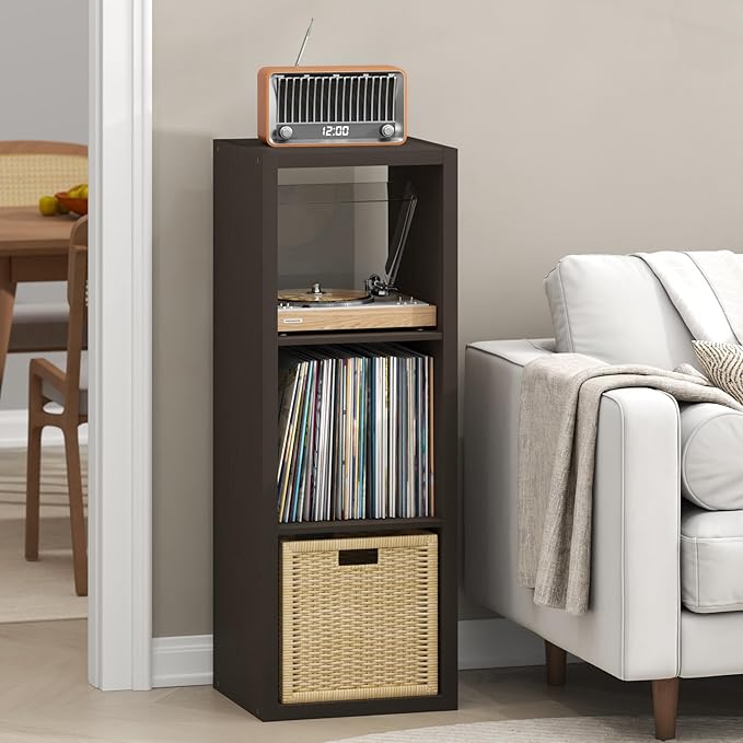 Furinno Cubicle Record Player Stand with Vinyl Storage, 3-Cube 1.2 Extra Thick Vinyl Record Storage, Open Back Media Shelf for CD DVD Blueray Game Disc, for Living Room, Home Office, Black Dark Oak