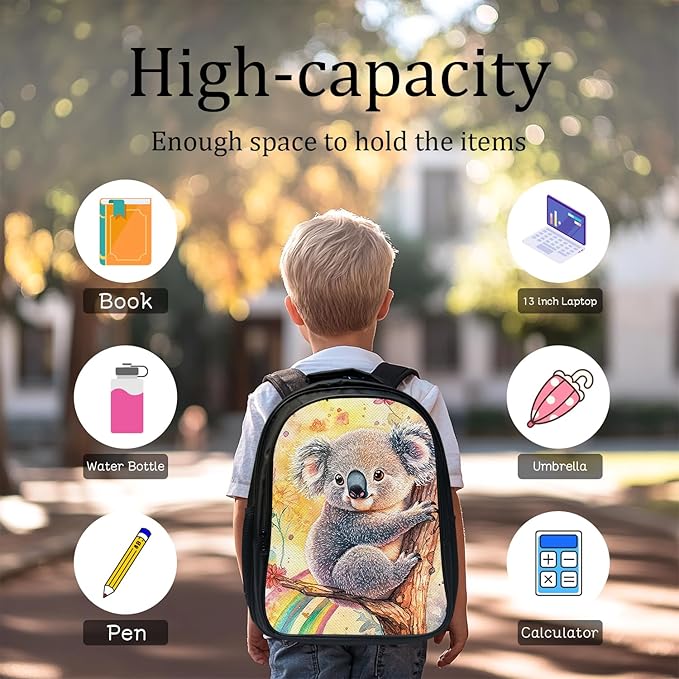Cute Koala Backpack Set 3 Piece School Bags and Lunch Box with Pencil Case Koala Animal Rainbow Bookbag Set for Toddler Kids Girls Boys Teens Kindergarten Elementary Middle
