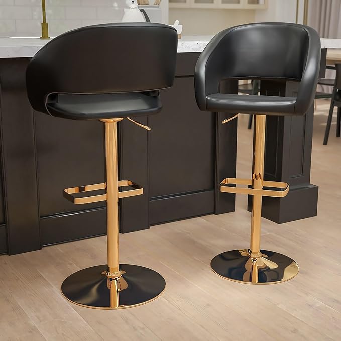 Flash Furniture Erik Comfortable & Stylish Contemporary Barstool with Rounded Mid-Back and Foot Rest, Adjustable Height - Black Vinyl with Gold Base, Set of 2
