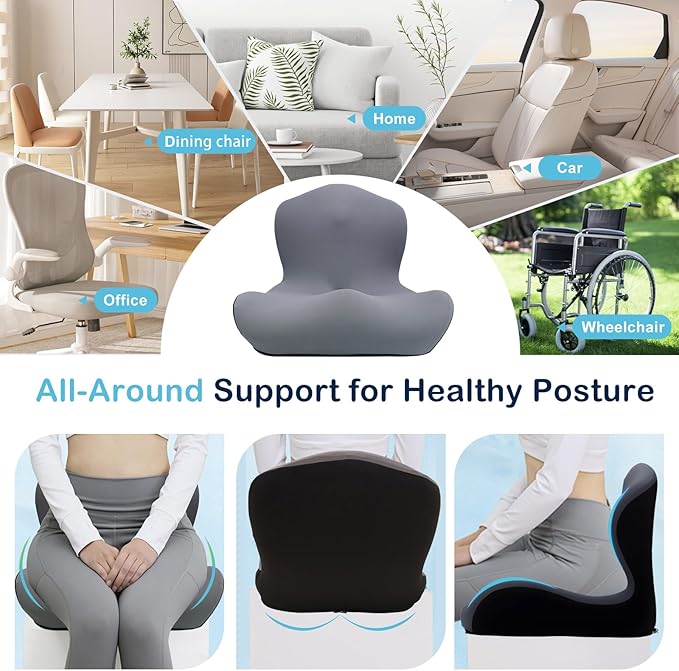Seat Cushion, Office Chair Cushion, L-Shaped Ergonomic Car Seat Cushions, Memory Foam Chair Cushion, Lumbar Support Pillow for Wheelchair, Car, Home, Office, Desk, Gray