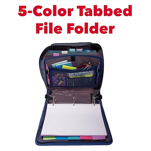 Case-it Mighty Zip Tab School Zipper Binder | 3-Inch O-Rings, 600-Sheet Capacity, 5-Subject Expanding File Folder, Multiple Pockets & Storage Organizer, Shoulder Strap | D-146 Light Blue Daisy
