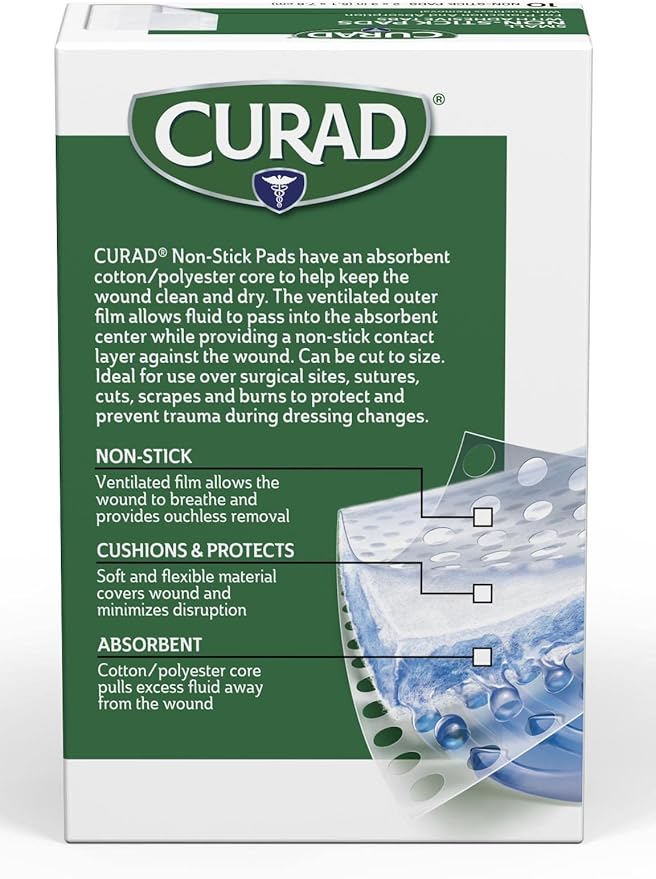 Curad Non-Stick Pads, 2 Inches X 3 Inches with Adhesive Tabs, 10 Count (Pack of 1)
