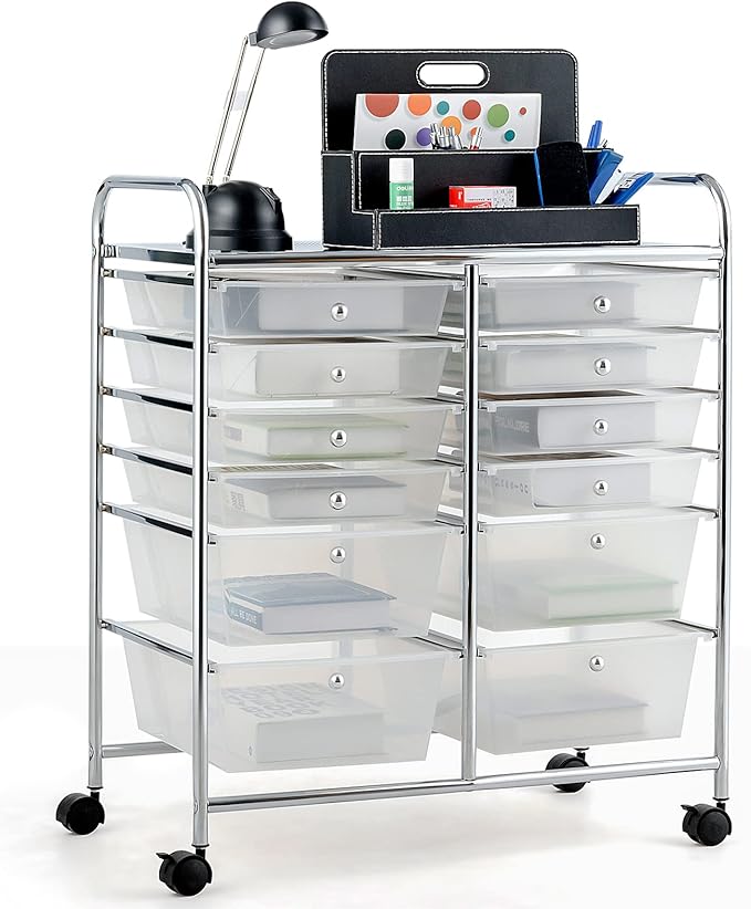 COSTWAY 12-Drawer Rolling Storage Cart, Moveable Art Craft Organizer W/Lockable Wheels, Metal Shelf, Files Arrangement Tools Makeup Storage Cart for Office, Home, School (Clear)