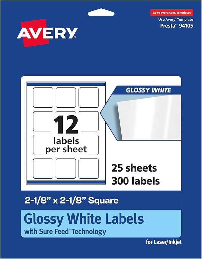 Avery Glossy White Square Labels, Sure Feed Technology, 2-1/8" x 2-1/8", 300 Glossy White Labels, Print-to-The-Edge, Permanent Adhesive, Laser/Inkjet Printable