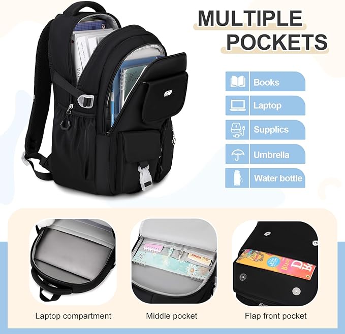Backpacks for Girls, 3PCS School Backpack with Lunch Box Pencil Pouch for Teen Girls Kids Elementary Primary Middle High College Travel School bag Bookbag Set （Black）