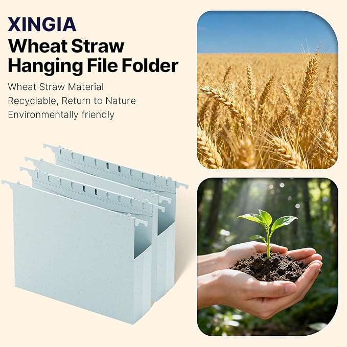 XINGIA Wheat Straw Plastic Hanging File Folders Letter Size, 2'' Expansion Extra Capacity Filing Cabinet Folders with Tabs, 12 Pack Reinforced Accordion File Organizer for Office School(Morandi Blue)