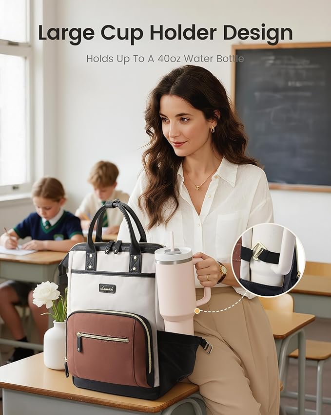 LOVEVOOK Laptop Backpack for Women with Giant Tumbler Holder,15.6 inch Professional Nurse Teacher Backpack Computer Laptop Bag,Cute Waterproof Travel Backpack Purse Work College Bag, Beige-Black-Brown