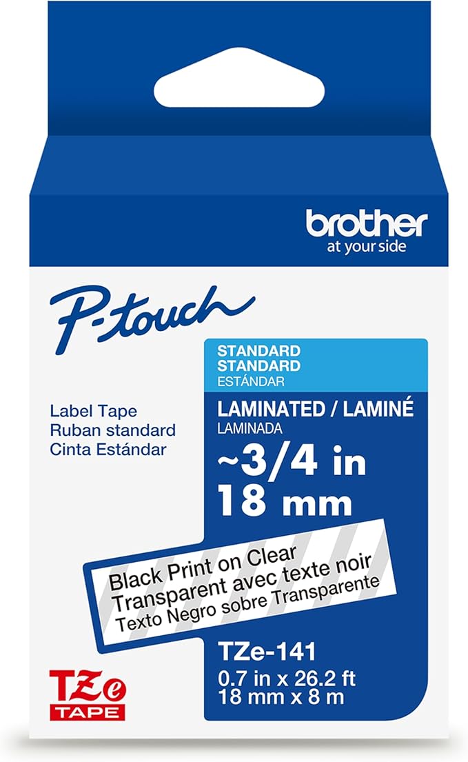 Brother Genuine TZe141~3/4" Black Print on Clear Label Tape. Each: 0.7 in x 26.2 ft (18 mm x 8 m)