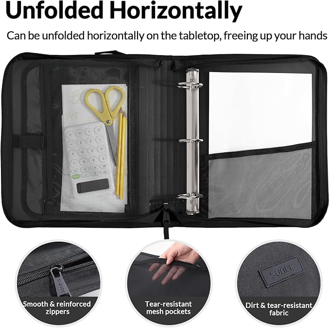 SUNEE Zipper Binder Bag with Handle, 2-Inch 3-Ring O-Ring, 500-Sheet Capacity, Includes Zip Pocket, 5-Tab Expanding File Folder, Multi-Pocket Organizer Binder for Middle School, Black