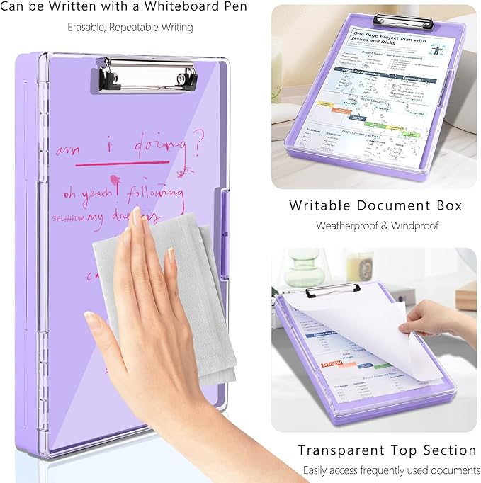 SFLHHDM Clipboard with Storage,Heavy Duty Clip Boards 8.5x11 with 2 Storage Case,Clear Visible Panel Storage Clipboards,Side Opening Nursing Clipboard Folder for Office Supplies-Light Purple