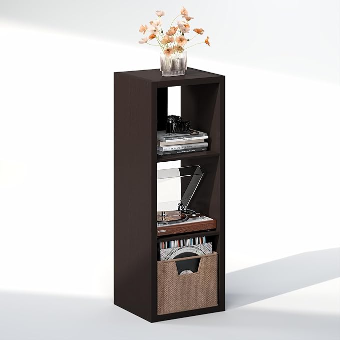 Furinno Cubicle Record Player Stand with Vinyl Storage, 3-Cube 1.2 Extra Thick Vinyl Record Storage, Open Back Media Shelf for CD DVD Blueray Game Disc, for Living Room, Home Office, Black Dark Oak