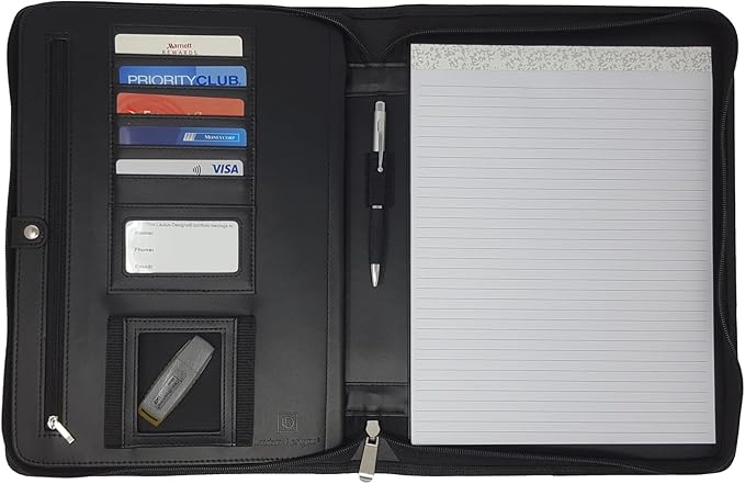 Customized Leather Portfolio Padfolio - Name/Logo Printed on Matt Black Personalized Faux Leather Business Portfolio Binder & Organizer Folder with 10.5 Inch Tablet Sleeve