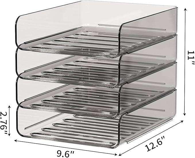 Clear Paper Organizer - Brown Acrylic Stackable Paper Tray for Desk, 4-Tier Letter Tray Organizer with Smooth Edges and Rounded Corners