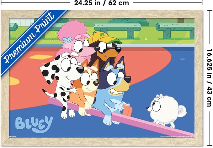 Bluey (2018) - Bluey and Friends See Saw Fun Wall Poster, 22.4L" x 14.7W", Blonde Framed Version