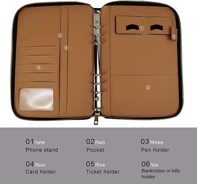 A5 Binder Case PU Leather Portfolio Budget Binder Refillable Notebook Planner Cover with Zipper 6 Rings Money Document Organizer for Business Interview (Brown)