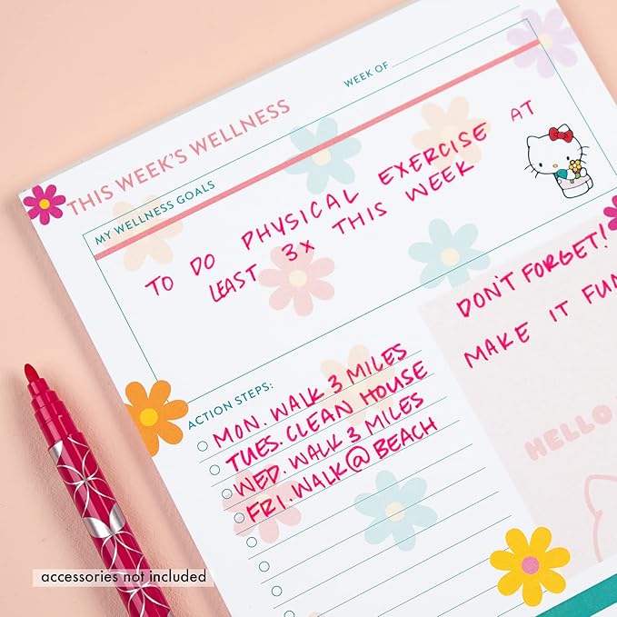 Erin Condren Hello Kitty Wellness Notepad. Notepad for Tracking Sleep, Nutrition, Activities, and General Health Tracking. 6" x 8.5". 25 Wellness Track/Record Sheets