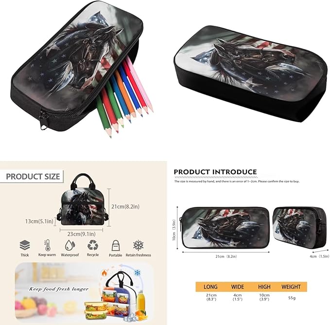 American Flag Kids Backpack Set of 3, Horse School Backpacks for Boys Elementary Middle High School with Insulated Lunch Bag Kawaii Cute Pencil Case, Black