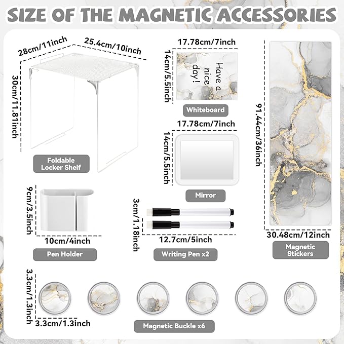 White Locker Accessories and Organizer Kit Include Marble Print Wallpaper Magnetic Mirror Whiteboard Pen Holder Magnet Locker Shelf Essentials for Back to School Supplies
