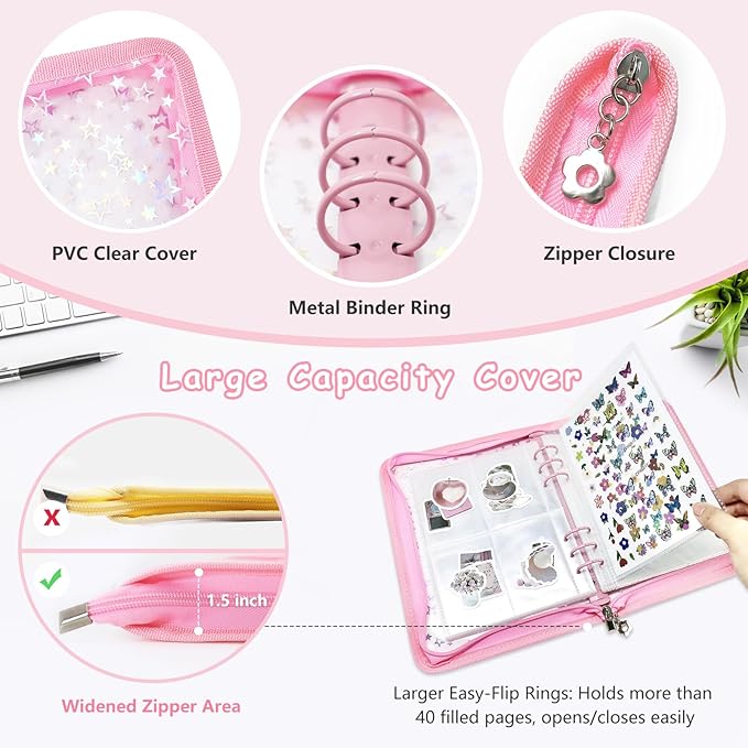 Sticker Storage Organizer Binder A5 Sticker Collecting Book Reusable Zipper Album with Clear Laser Star Cover and Pocket Pages (Pink)