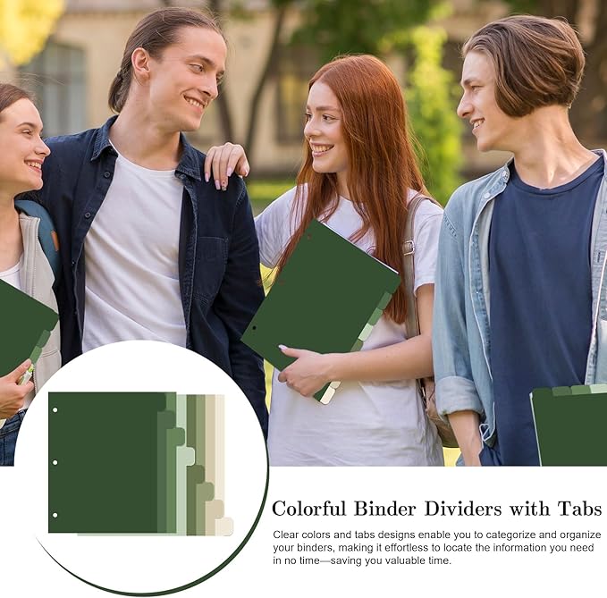Whaline 64 Pcs/ 8 Set Sage Green 3 Ring Binder Dividers Colorful Index Dividers Plastic Page Folder Divider Sheets Protectors for Notebook Home Office Classroom Supplies