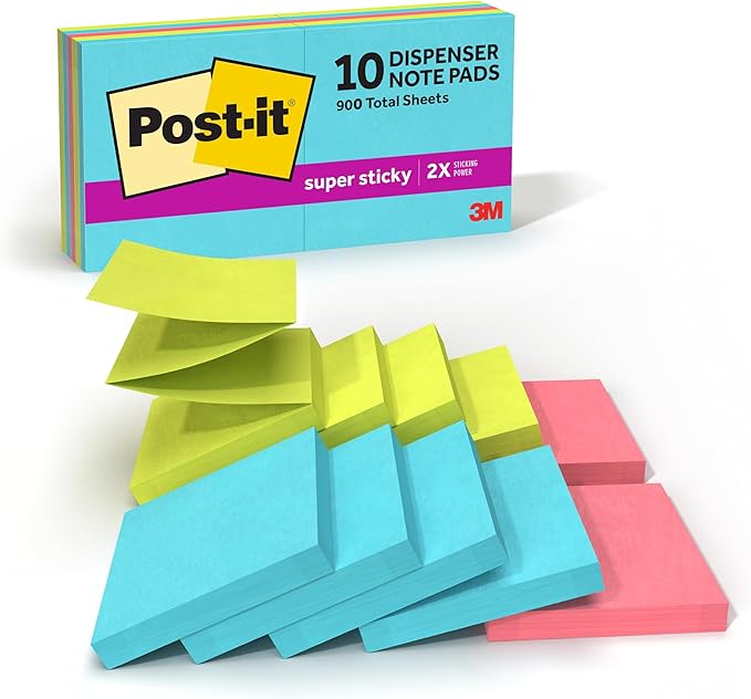 Post-it Super Sticky Dispenser Pop-up Notes, 10 Sticky Note Pads, 3 x 3 in., 2X The Sticking Power, New Year Organization or Second Semester School Supplies, Supernova Neons Collection