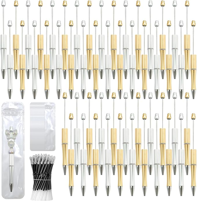 300 Pieces DIY Beadable Pen Kit – 100 Plastic Ballpoint Pens with Refills & Bags – School Supplies, Office Accessories & Decorative Items for Students & Teachers (Silver and Gold)