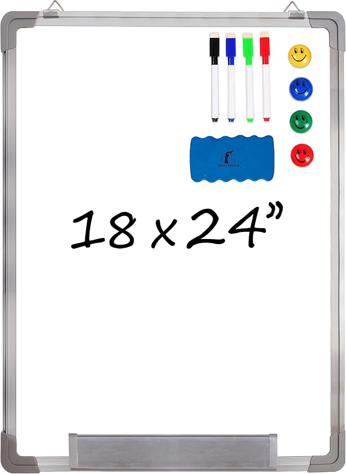 Whiteboard Set - Dry Erase Board 18 x 24 in with 1 Magnetic Dry Eraser, 4 Drywipe Markers and 4 Magnets - Small White Hanging Message Scoreboard for Home and Office (18x24 in)