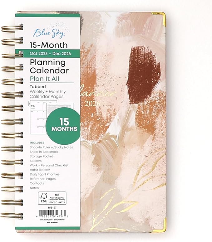 Blue Sky 15 Month 2026 Weekly and Monthly Planner Calendar, October 2025 - December 2026, 5" x 8", Hard Cover, Durable Twin Wire Binding, Laminated Tabs, Storage Pocket, Includes Ruler, Sticky Notes & Stickers, Henri