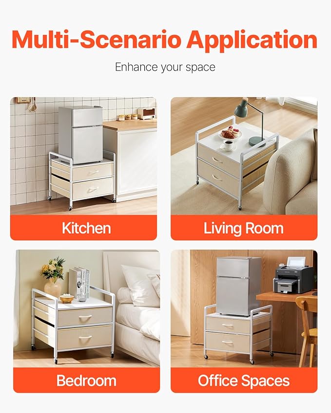 VEVOR Mini Fridge Stand with Storage, 176 lb-Capacity Mini Fridge Table with 2 Drawers & 4 Swivel Wheels, Mobile Mini Fridge Shelf, White Mini Fridge Organizer for Dorm, Apartment, Office, Bedroom