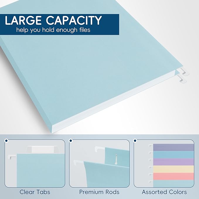 Light Blue Hanging File Folders,25 Pack Letter Size File Folders with 1/5-cut Tabs,Office Essentials for Filing Cabinet & Desk Storage