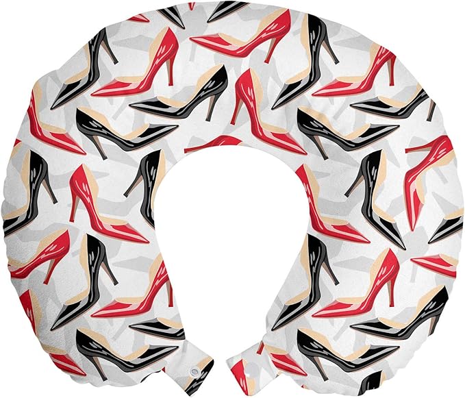 Ambesonne Red and Black Travel Pillow Neck Rest, Women Fashion Pattern with High Heel Stiletto Shoes Ladies Footwear, Memory Foam Traveling Accessory for Airplane and Car, 12", Scarlet Beige Black