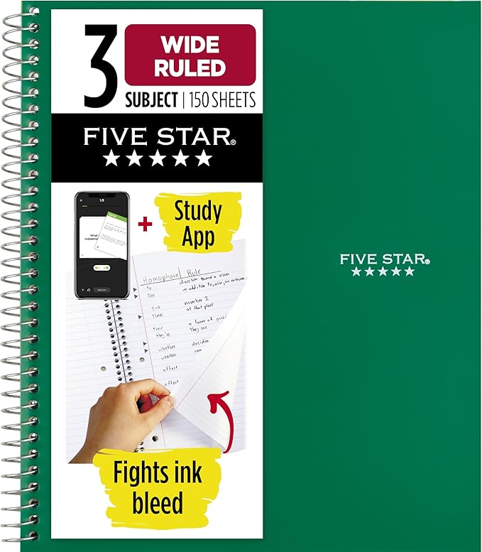Five Star Spiral Notebook + Study App, 3 Subject, Wide Ruled Paper, 8" x 10-1/2", 150 Sheets, Fights Ink Bleed, Water Resistant Cover, Forest Green (73176)