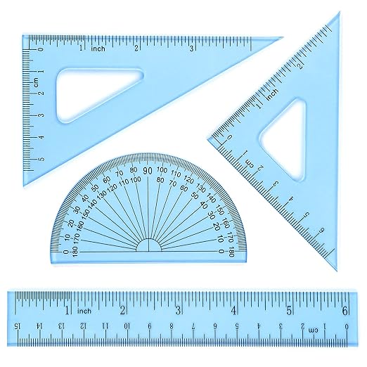 Coopay 6 Inch Math Geometry Tool Plastic Ruler Square Set Includes Straight Ruler, Triangles, Protractor for Student School Office Supplies (Blue)