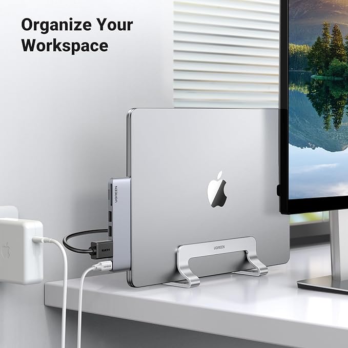 UGREEN Vertical Laptop Stand Holder for Desk Compatible with MacBook Pro, MacBook Air Stand Vertical Aluminum Adjustable for Up to 17.3 Inch Gaming Laptop, Silver