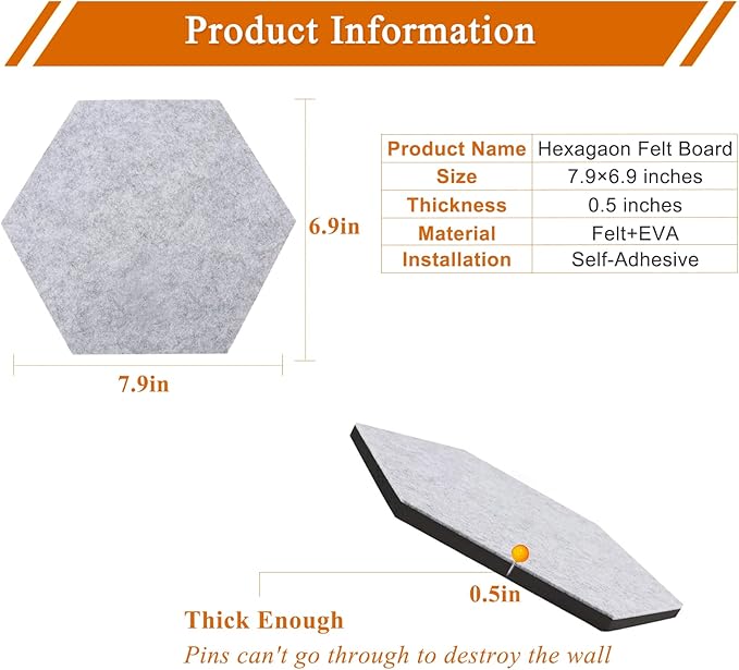 8Pcs Hexagon Felt Cork Board Tiles, Self Adhesive DIY Bulletin Board Pin Board for Office School Home Wall Decor Stickers Memos Photos Display (Deep Camel)