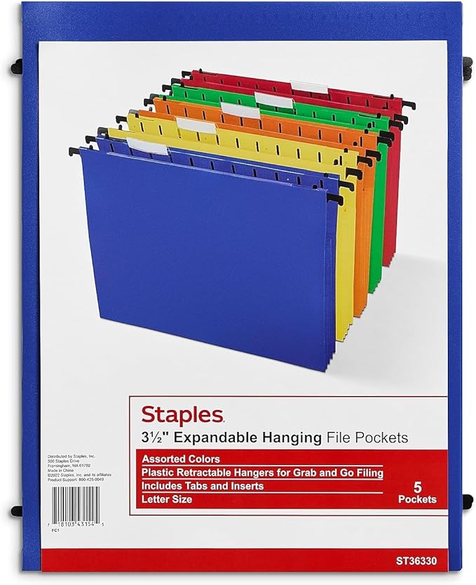 Staples Poly Expanding Hanging File Pockets, Letter, Assorted, 5/Pack